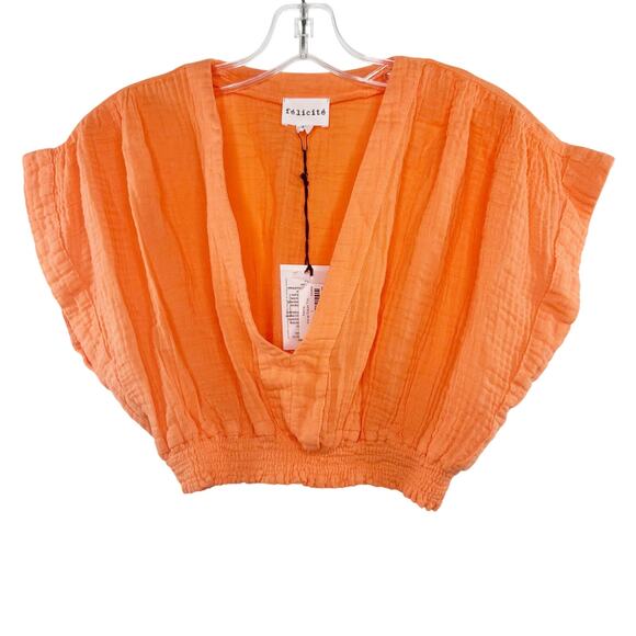 Felicite Vacay Gauze Cotton Smocked Waisted Crop Top Mamey Tangerine Orange Med - Picture 2 of 7